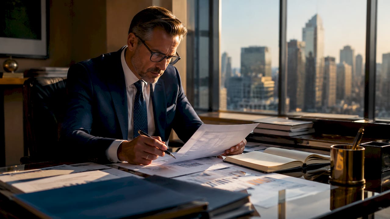 1781500236309_Financial-advisor-reviewing-wealth-documents-in-office Financial advisor reviewing wealth documents in office