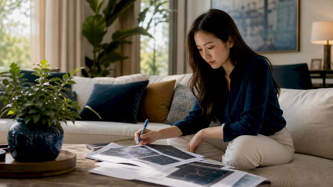 Woman analyzing forex charts at home office