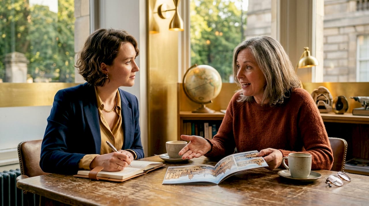 Travel agent consulting client on bespoke trip