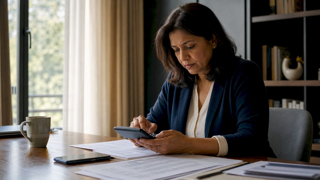 1782551130489_Woman-calculating-net-worth-at-home-office-desk Woman calculating net worth at home office desk