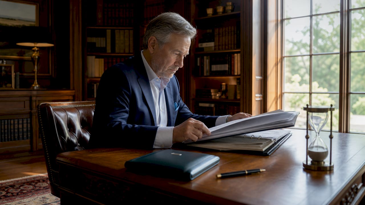 Financial advisor reviewing portfolio documents in office