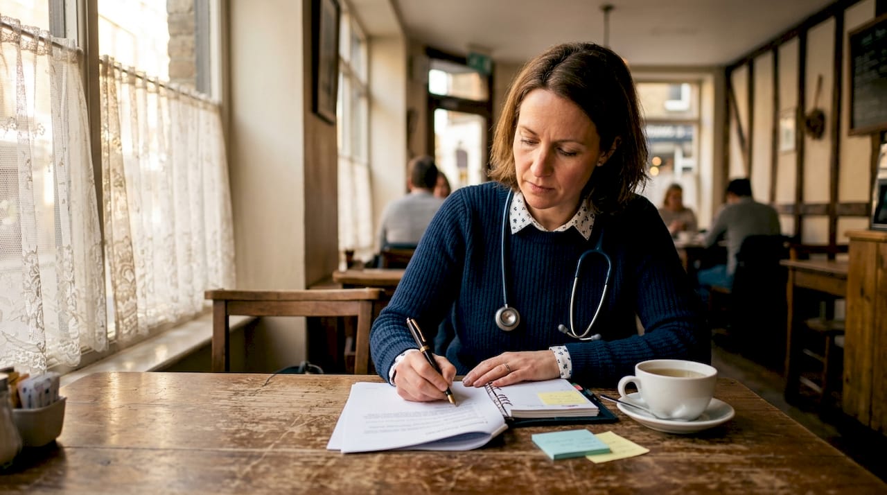 Female healthcare entrepreneur reviewing UK regulations at desk