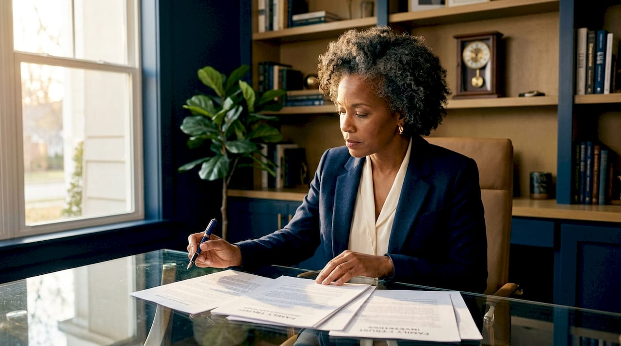 Advisor reviewing family wealth documents at home