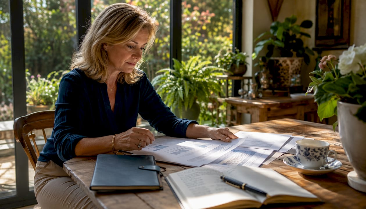 1784486635455_UK-businesswoman-reviewing-exit-plans-at-home-table UK businesswoman reviewing exit plans at home table