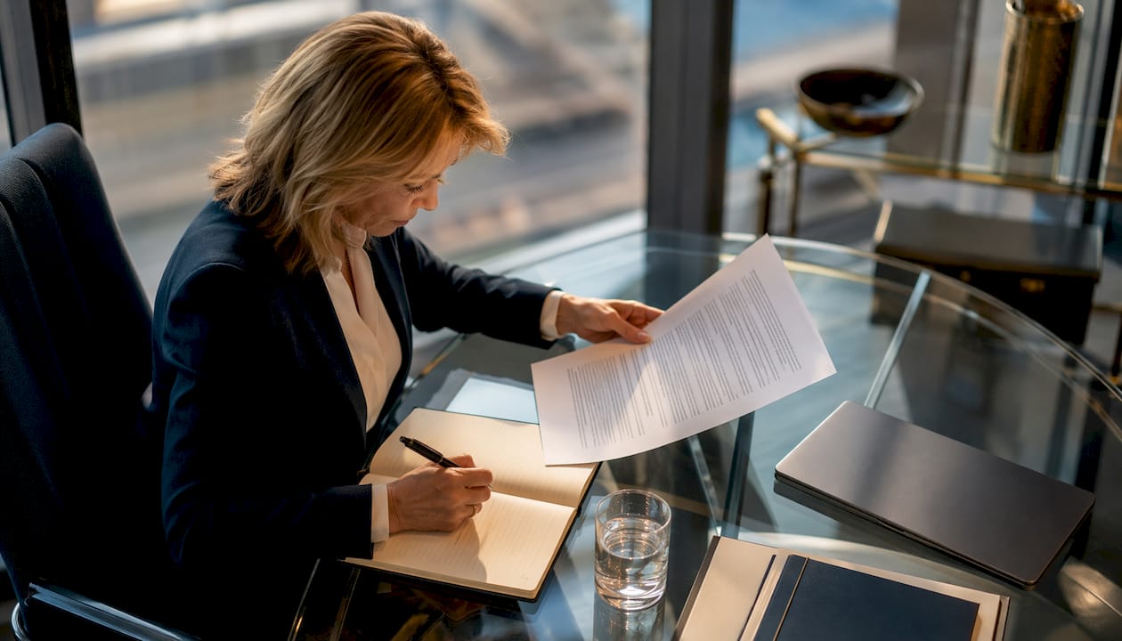 1784598084187_Businesswoman-reviewing-trust-deed-in-office Businesswoman reviewing trust deed in office