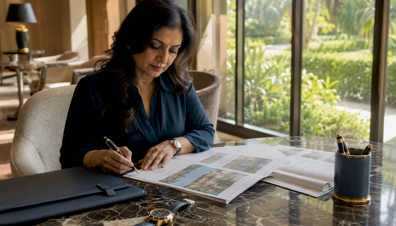 Family office curator reviewing itineraries at table