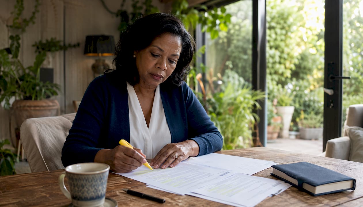 Woman reviewing family trust documents at home