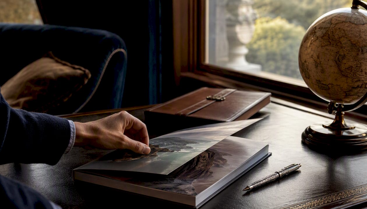1785831489292_Hand-arranging-luxury-travel-itinerary-on-desk Hand arranging luxury travel itinerary on desk