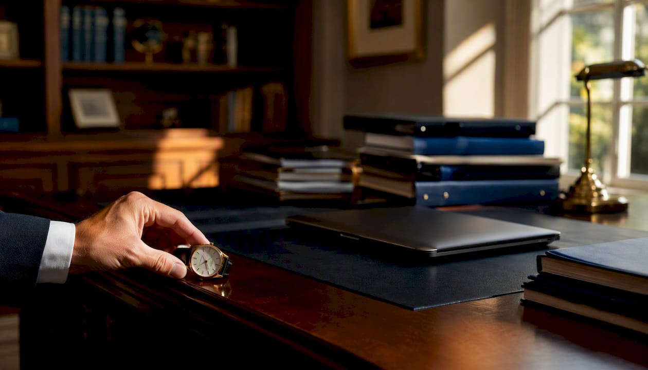 Luxury home study with financial folders and watch detail