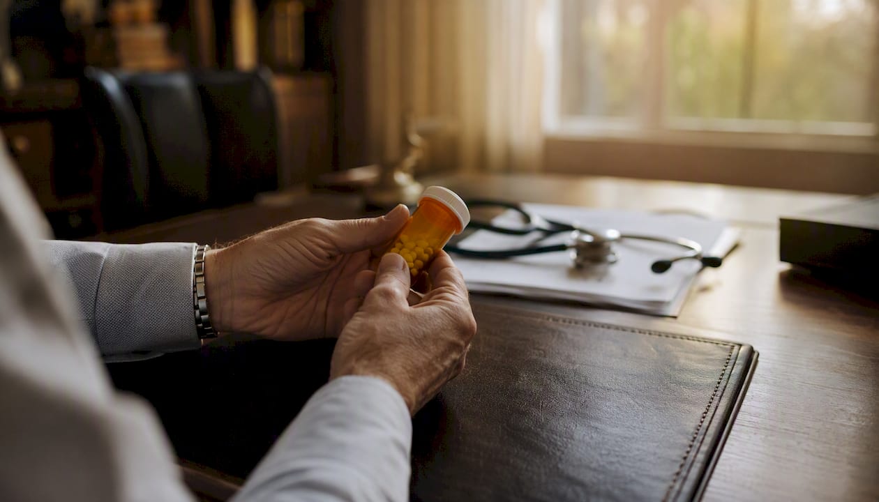 Hands holding prescription bottle with documents